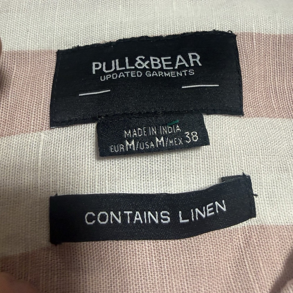 Pull &‎ Bear Short Sleeve Button Up Shirt M Striped Beach Resort Vacation Linen - Picture 2 of 4